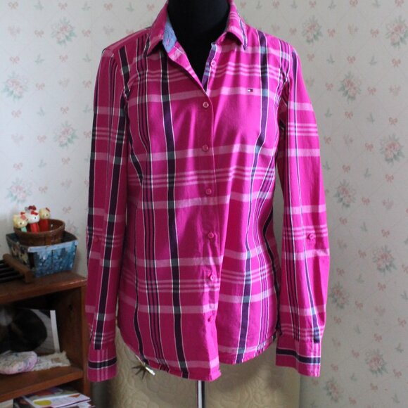 Tommy Hilfiger Classic Fit Magenta Plaid Cotton Button Down Shirt, Small - Picture 1 of 11